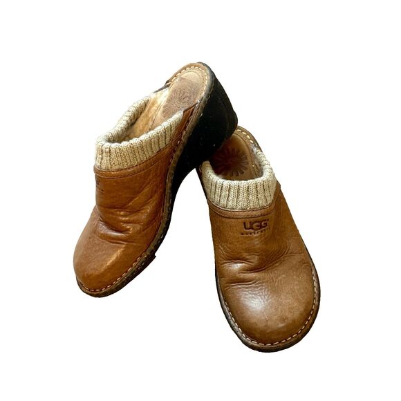 UGG Tan Leather Mules with Knit Cuff - Picture 1 of 6
